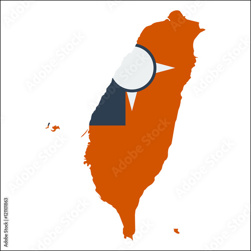 Taiwan, Republic Of China high resolution map with national flag. Flag of the country overlaid on detailed outline map isolated on white background. photo