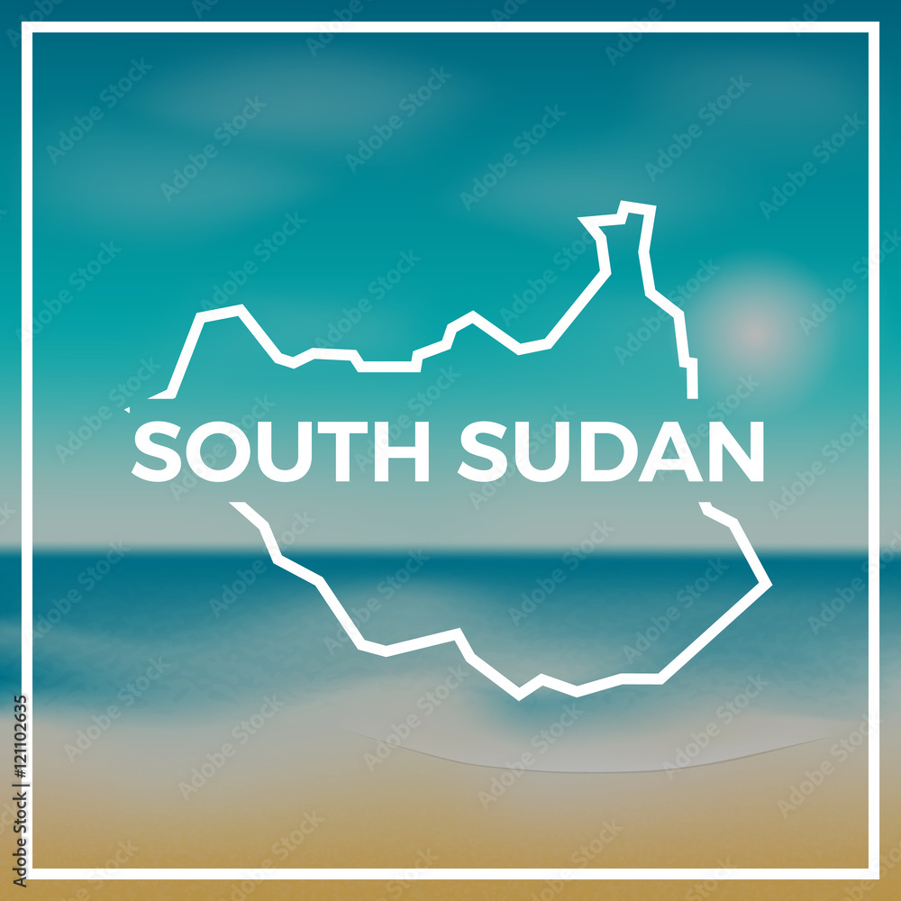 South Sudan map rough outline against the backdrop of beach and tropical sea with bright sun. South Sudan map rough outline against the backdrop of beach and tropical sea with bright sun.
