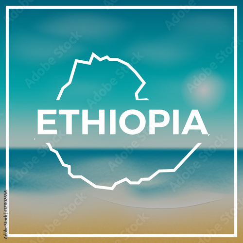 Ethiopia map rough outline against the backdrop of beach and tropical sea with bright sun.