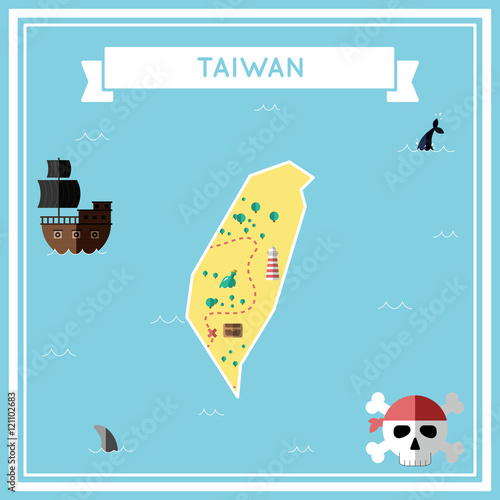Flat treasure map of Taiwan, Republic Of China. Colorful cartoon with icons of ship, jolly roger, treasure chest and banner ribbon. Flat design vector illustration.