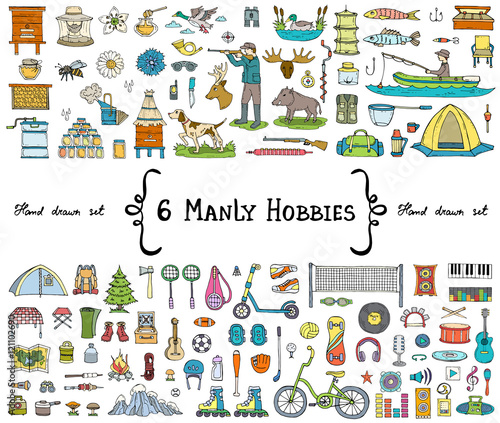 Vector set with hand drawn isolated colored doodles on the  theme of 6 manly hobbies. Symbols of beekeeping, hunting, fishing, sports, tourism, music. Sketches for use in design