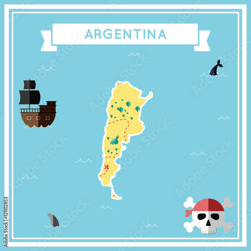 Flat treasure map of Argentina. Colorful cartoon with icons of ship, jolly roger, treasure chest and banner ribbon. Flat design vector illustration.
