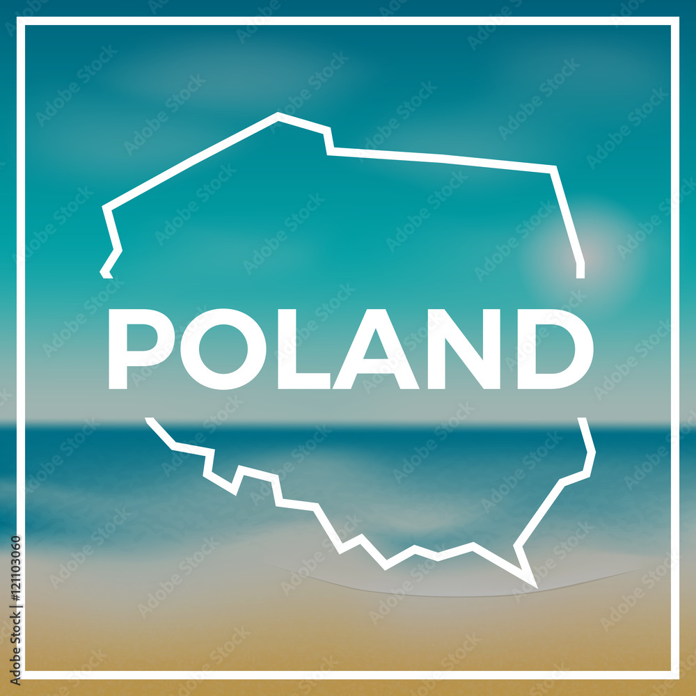 Fototapeta premium Poland map rough outline against the backdrop of beach and tropical sea with bright sun.