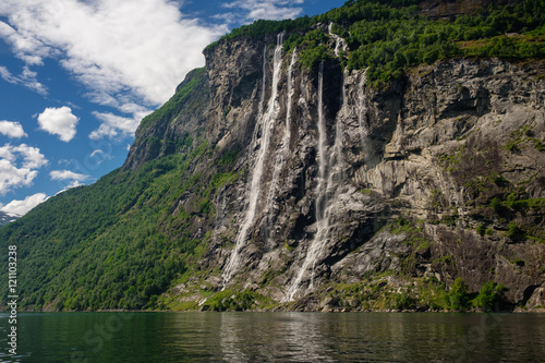 Beautiful view of Seven Sisters Waterfall, Geirangerfjord.