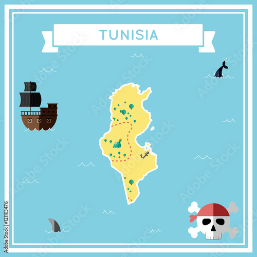 Flat treasure map of Tunisia. Colorful cartoon with icons of ship, jolly roger, treasure chest and banner ribbon. Flat design vector illustration.