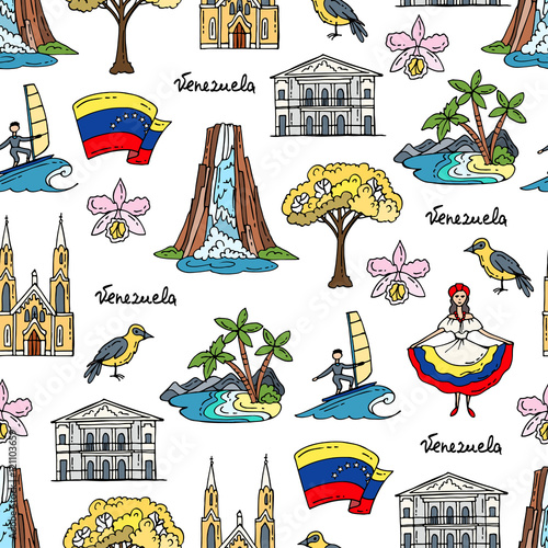Vector seamless pattern with hand drawn colored symbols of Venezuela photo