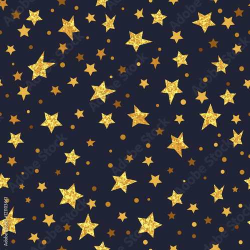 Golden glittering stars seamless pattern. Vector sparkling night background. 