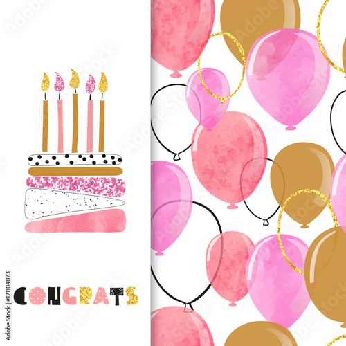 Watercolor birthday greeting card design in pink and golden colors. Vector illustration of birthday cake with candles and balloons.
