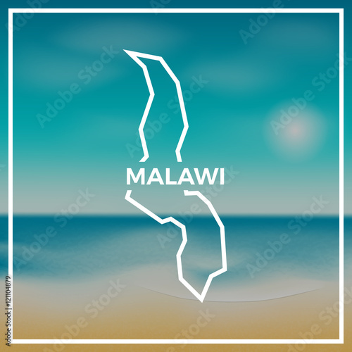 Malawi map rough outline against the backdrop of beach and tropical sea with bright sun.