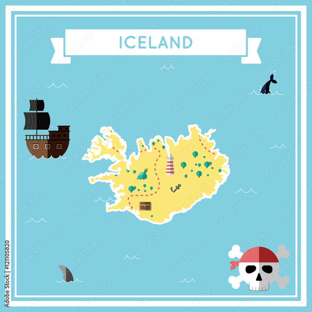 Naklejka premium Flat treasure map of Iceland. Colorful cartoon with icons of ship, jolly roger, treasure chest and banner ribbon. Flat design vector illustration.