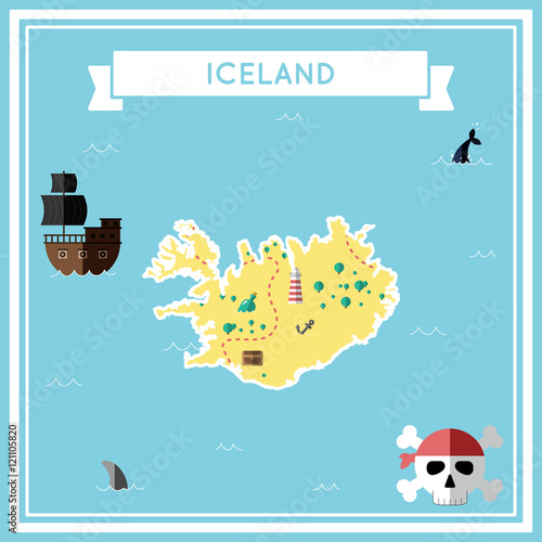 Flat treasure map of Iceland. Colorful cartoon with icons of ship, jolly roger, treasure chest and banner ribbon. Flat design vector illustration.