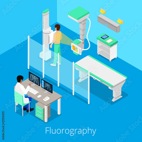 Isometric Radiology Fluorography Procedure with Medical Equipment and Patient. Vector illustration