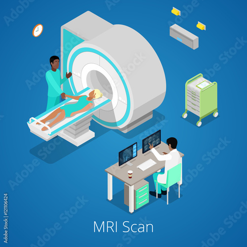 Isometric Medical MRI Scanner Imaging Process with Doctor and Patient. Vector illustration