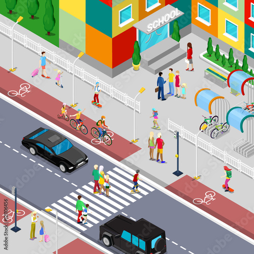 Isometric Pupils Going to School Building with Parents. Vector 3d Flat illustration
