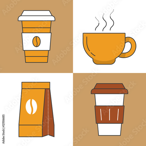 Coffee Time Line Art Thin Vector Icons Set with Coffee Cups and Beans