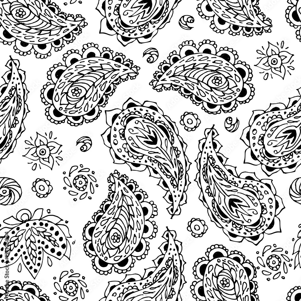 Obraz premium Paisly.Seamless vector pattern.Traditional ethnic ornament. Black and white.Vector line image. A template for a print fabric, wrapping paper, textiles