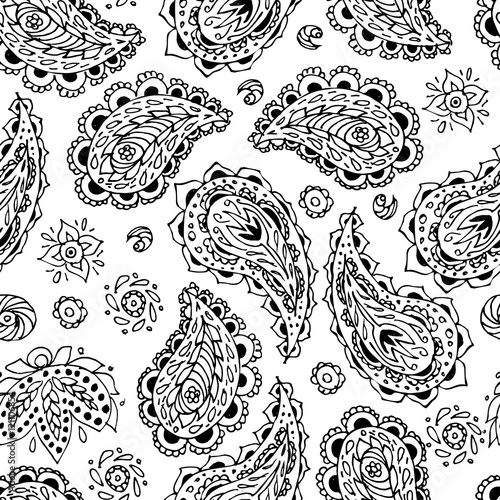 Paisly.Seamless vector pattern.Traditional ethnic ornament. Black and white.Vector line image. A template for a print fabric, wrapping paper, textiles