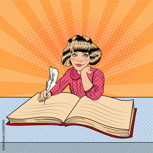 Pop Art Little Girl Writing in Big Book. Vector illustration