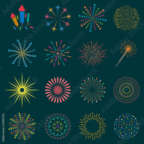 Firework icon set with petard, stars. Festival