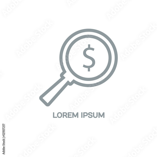 Line style logotype template with a magnifying glass and a dollar sign. Isolated on background and easy to use. Clean and minimalistic symbol. Economic concept.