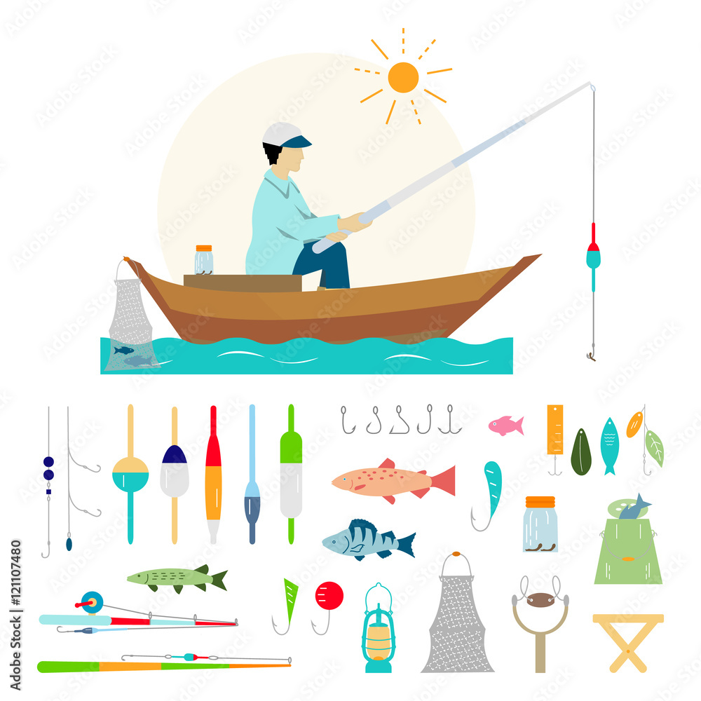 Big collection of fishing gear and other fishing related..Fisherman in a  boat fishing: fishing rod, hooks, bait, boat, fish, water. Vector flat  illustrations. Stock Vector