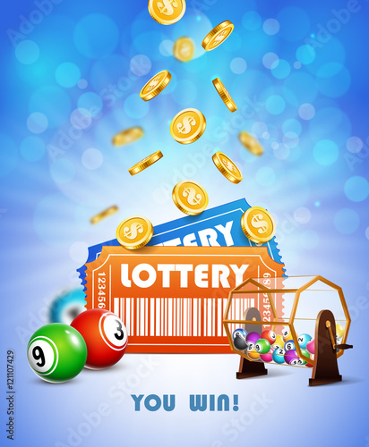 Lottery Jackpot with tickets, wheel, coins and balls.