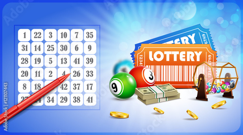 Lottery Jackpot with tickets, wheel, coins and balls.