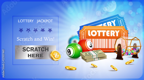 Lottery Jackpot with tickets, wheel, coins and balls.