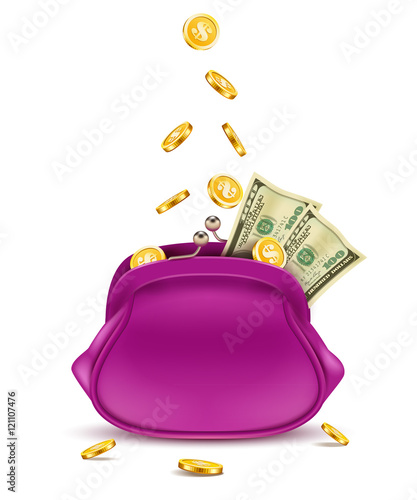 Retro purse with falling coins and dollars isolated on white background.
