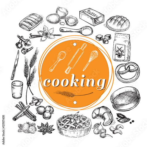 hand drawn sketch illustration cooking