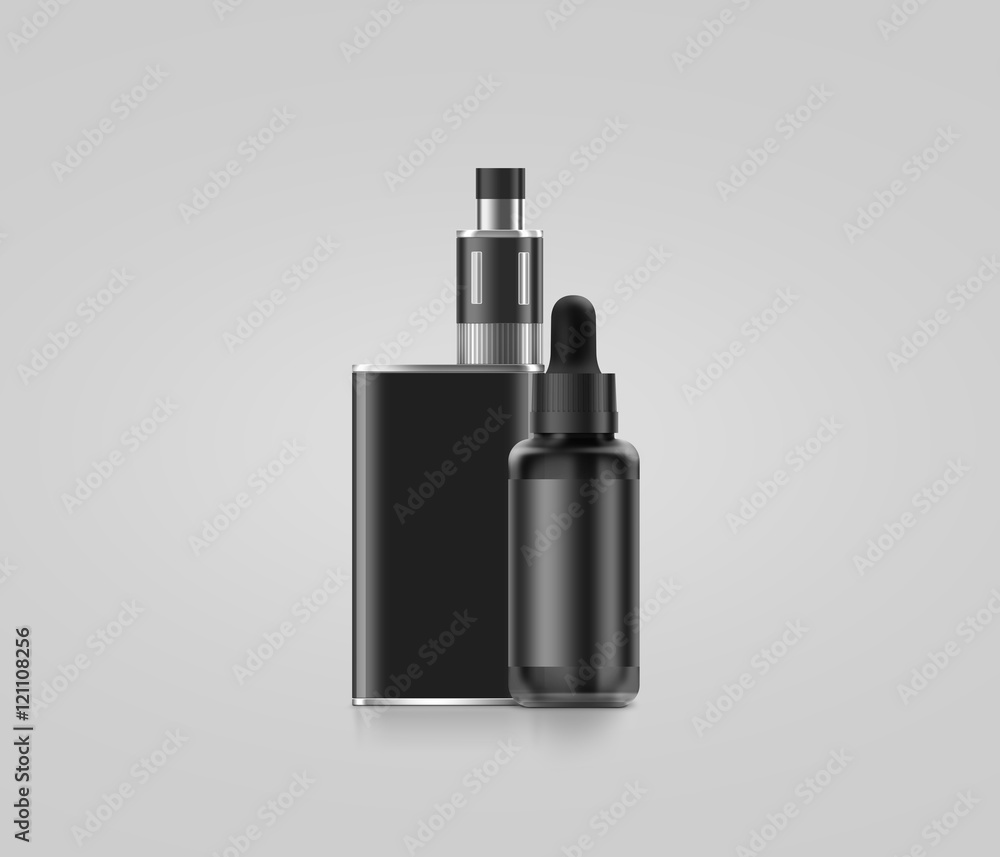 Blank black vape mod box with juice bottle mockup isolated, clipping ...