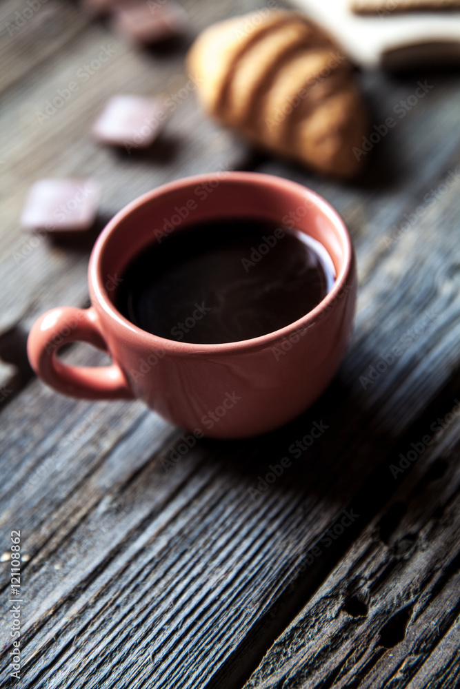 delicious breakfast with a cup of coffee and fruit sandwiches, croissants. Strawberries, food, drink, chocolate. delicious breakfast with a cup of coffee and fruit sandwiches, croissants. Strawberries, food, drink, chocolate.