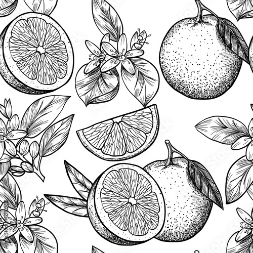 Oranges  and flowers. Vector seamless pattern