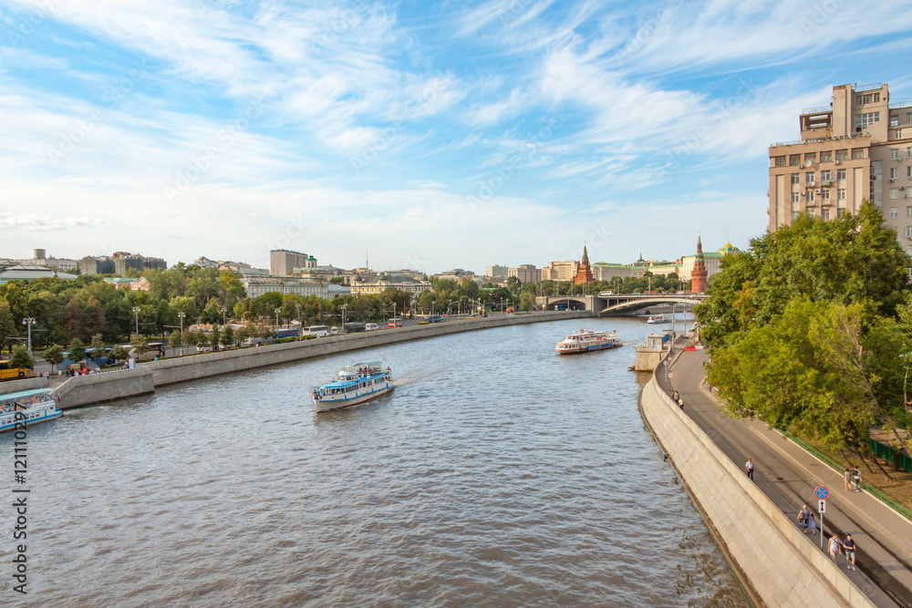 View on the Moscow river, Prechistenskaya and Bersenevskaya embankments and Kremlin, summer urban cityscape