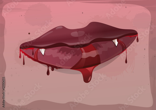 Vampire lips. Canines of the vampire. Vampire fangs. Red feminine lips in blood. Vector vintage illustration