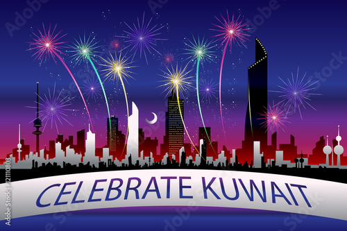CELEBRATE KUWAIT - Greeting Card Background of Kuwait's Skyline lit by National Day's celebrations