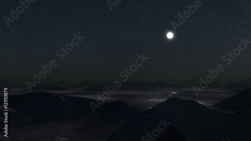in a dark starry night night a bright moon shines over an idyllic foggy landscape with rivers and lakes (3d illustration)