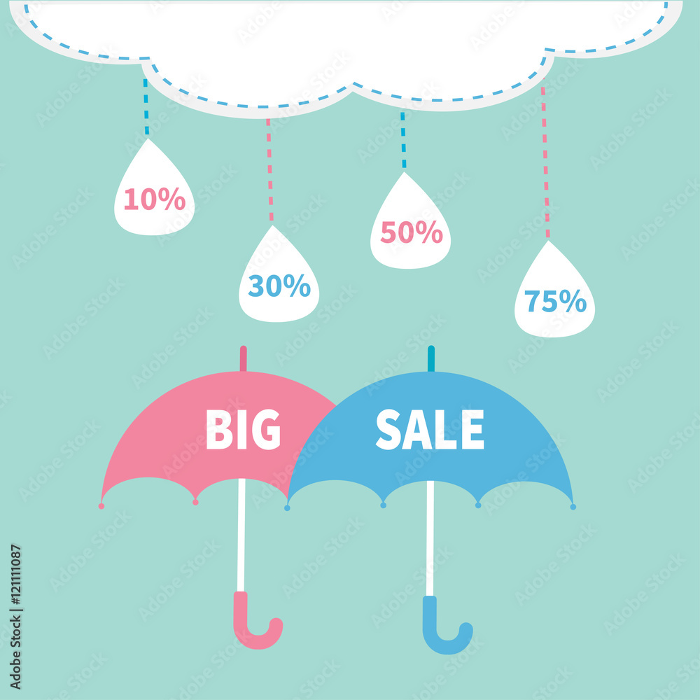 Naklejka premium Monsoon season offer. Two umbrella set. Cloud with hanging dash line raining drops. 10, 30, 50, 75 persent off. Big sale banner poster. Flat design. Blue sky background.