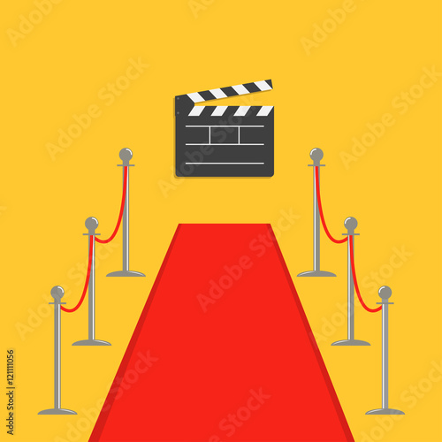 Red carpet and rope barrier golden stanchions turnstile Clapper movie cinema board. Isolated template Yellow background. Flat design