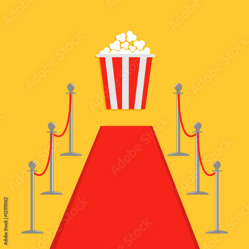 Red carpet and rope barrier golden stanchions turnstile Popcorn box. Isolated template Yellow background. Flat design