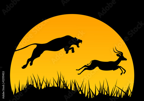 Vector horizontal illustration of africa. wild life. hunting. africa logo. Jaguar and antelope. Tree and animals.
