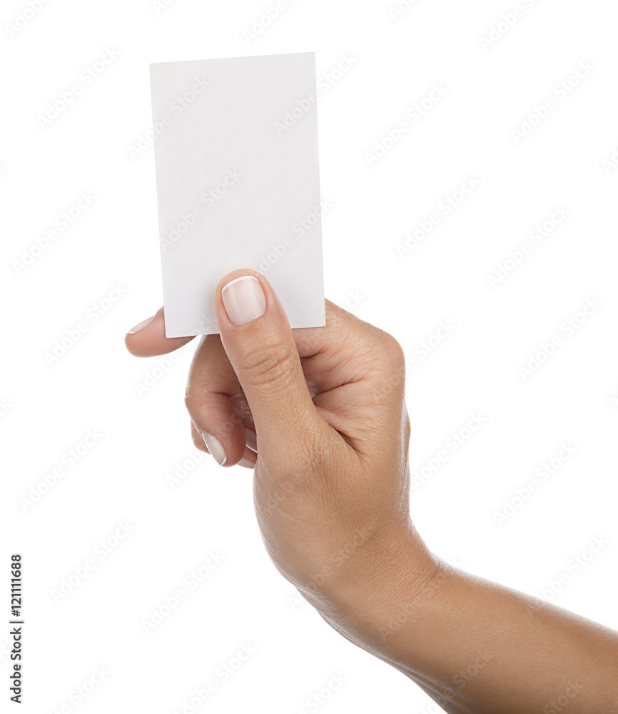 Female hand holding business card isolated on white background. Female hand holding business card isolated on white background.