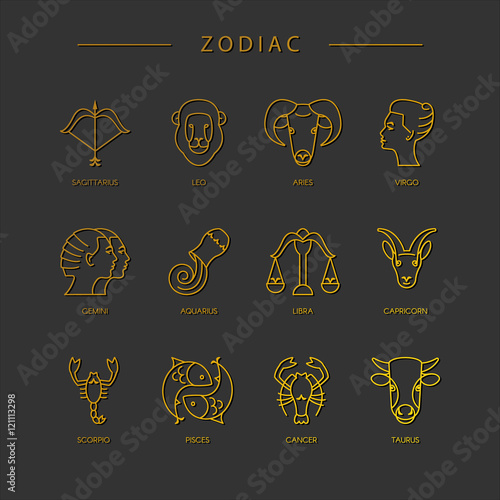 Thin line vector zodiacal symbols. Astrology, horoscope sign, graphic design elements, printing template. Zodiac Signs  isolated on background.