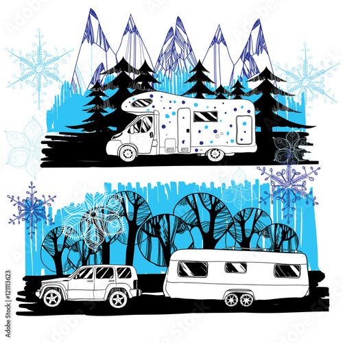 illustration of winter landscape with camper van, motorhome. Fam