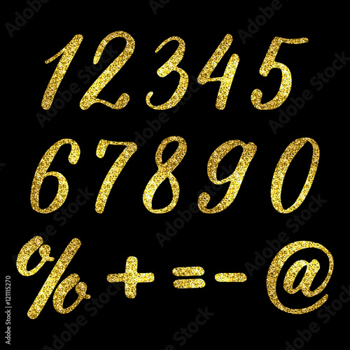 Set of hand drawn numbers and symbols with golden glitter effect, figures isolated on black background. Vector illustration.