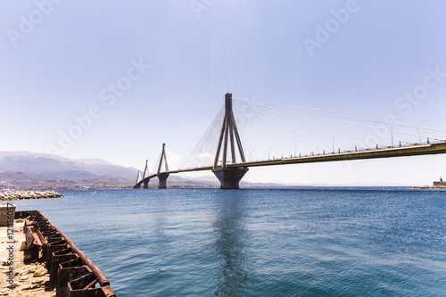 suspension bridge crossing Corinth Gulf strait, Greece. © alesmunt