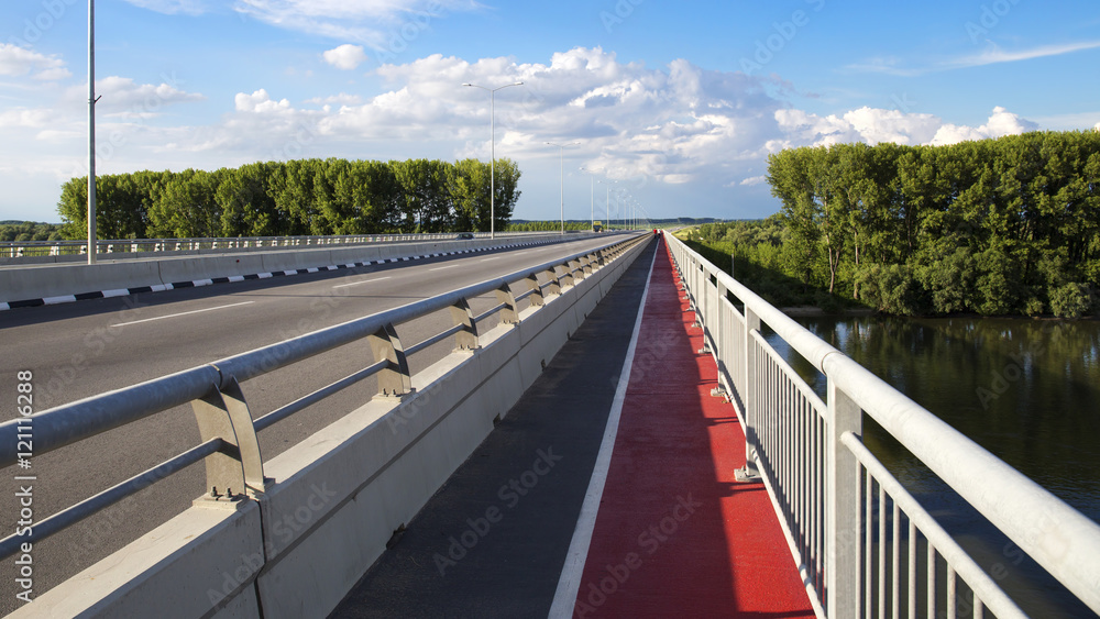 Walkway and bycicle track on new bridge over Danube river in Zemun,Belgrade,Serbia