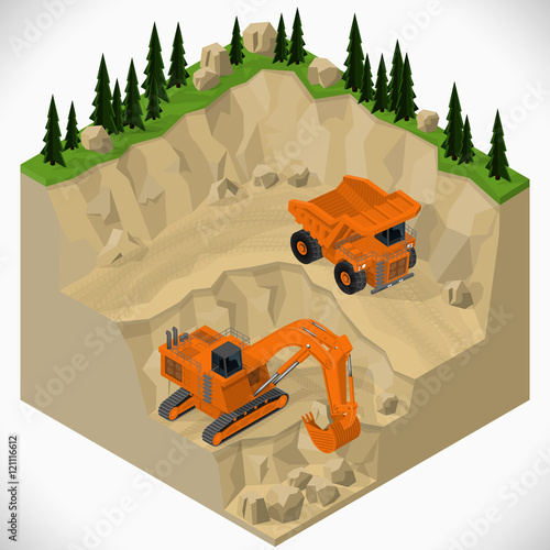 Vector isometric illustration of a mining quarry, heavy-duty truck and a mining excavator. Equipment for high-mining industry.