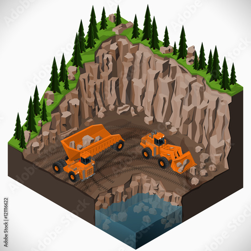 Vector isometric illustration of a mining quarry, heavy-duty dumper and a articulated backhoe excavator. Equipment for high-mining industry.