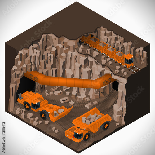 Vector isometric illustration of a underground mining quarry, articulated dump truck, mining train and a articulated backhoe excavator. Equipment for high-mining industry.
